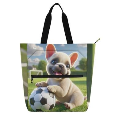 Imagem de GAIGEO Bolsa de trabalho feminina Bulldog Filhote de cachorro fofa bolsa de lona para livros de praia com zíper lindas bolsas infantis amantes de livros