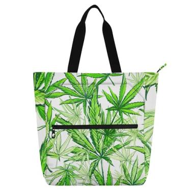 Imagem de GAIGEO Bolsa de lona reutilizável de folhas verdes com zíper para mulheres e crianças, escola, trabalho, viagem, viagem