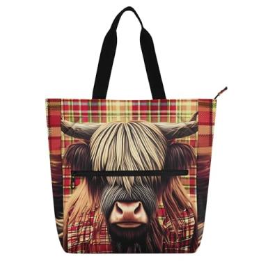 Imagem de GAIGEO Highland Bolsa feminina xadrez de vaca vermelha para trabalho, lona, escola, bolsa carteiro, carteiro, amantes de livros