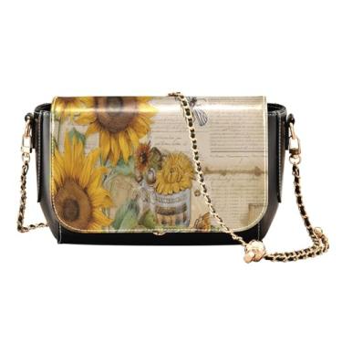 Imagem de GAIGEO Bolsa tiracolo feminina vintage Sunflower Bee de couro, bolsa transversal com zíper, bolsa transversal de couro para mulheres, Cartão postal vintage abelha girassol, One Size