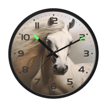 Imagem de SEHANY Relógio de parede artístico majestoso cavalos silencioso, sem tique-taque, relógio redondo operado por bateria, controle de som, luz noturna, relógios de parede para sala de estar, cozinha