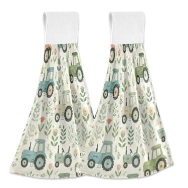 Imagem de Joitme Lindos tratores de desenhos animados toalhas de mão penduradas verdes com laço, pacote com 2 panos de prato de lã coral absorvente de cozinha e banheiro com fita mágica para forno, pia