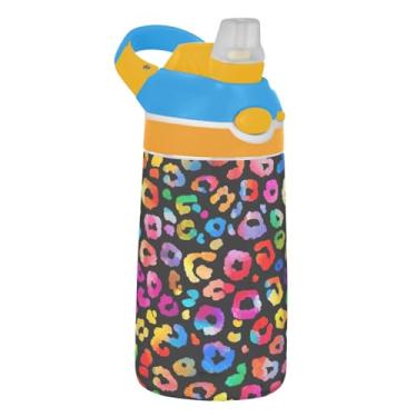 Imagem de Garrafa de água infantil Cool Leopard Colorful Spots 473 g portátil esportiva com tampa de canudo 473 ml Copos de viagem Tritan à prova de vazamento para crianças reutilizáveis, alça de transporte