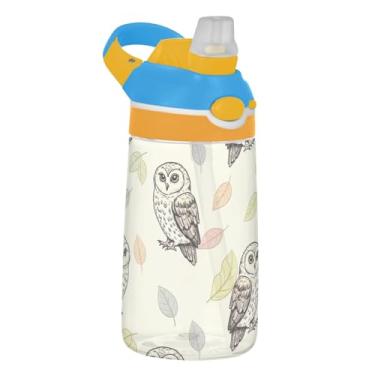Imagem de Owls Garrafa de água em creme de folhas coloridas pastel infantil com canudo 473 ml Tritan 473 ml Garrafa de água esportiva portátil reutilizável copos de viagem para crianças, à prova de vazamento