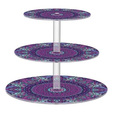 Imagem de Mandala floral roxo 3 camadas suporte para cupcake chá festa acrílico copo bolo torre festa decoração mesa sobremesa chá servir comida casamento