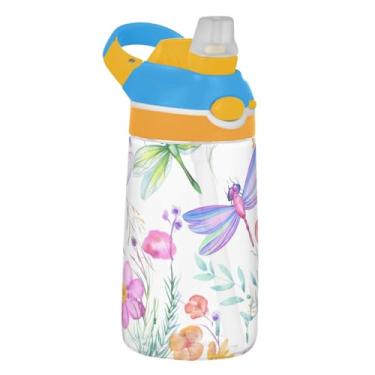 Imagem de Garrafa de água infantil branca floral aquarela com canudo 473 ml 473 ml Garrafa de água esportiva Tritan à prova de vazamento, copo infantil portátil, reutilizável, alça de transporte