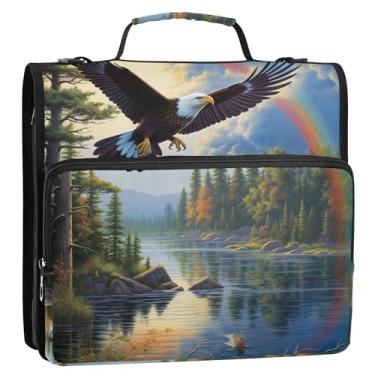 Imagem de Organizador de fichário rosa com zíper de 3 cm, 3 anéis, águia pesada voando no lago sereno, vários bolsos, pasta grande para fichários escolares com alça de ombro