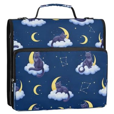 Imagem de Bolsa de fichário com 3 anéis azul estrelado com nuvens de gatos com 3 anéis, portfólio organizador com zíper para escola e escritório, bolsa grande de armazenamento de documentos com alça de ombro