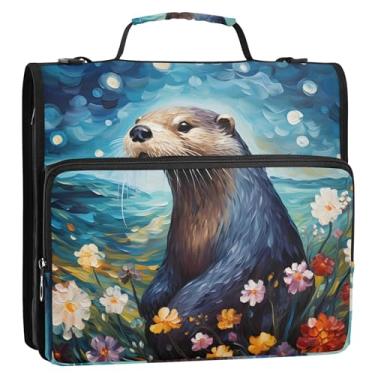 Imagem de Fichários de 3,8 cm, 3 anéis, flores de lontra caprichosas, água azul, zíper e zíper, bolsa escolar com alça de ombro, estojo de armazenamento personalizado com alça