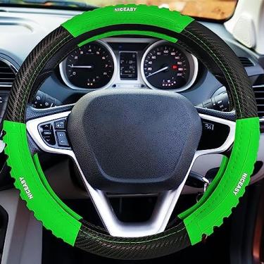 Imagem de NICEASY Capa de volante de fibra de carbono preta estilo esportivo com acessório de volante de aderência verde, ajuste universal para volante de 37,5 a 38 cm