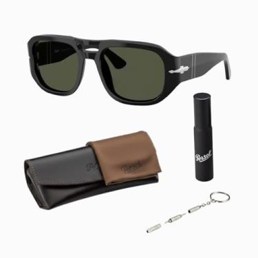 Imagem de Persol Óculos de sol VINCENT PO3373S em formato piloto com kit oficial de óculos, Armação preta | Lente verde
