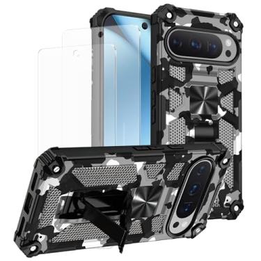 Imagem de Lokyoo Capa para Google Pixel 9/9 Pro/Google Pixel 10/10 Pro, com 2 protetores de tela de vidro temperado, grau militar, suporte com suporte magnético para carro, capa protetora para celular - preta