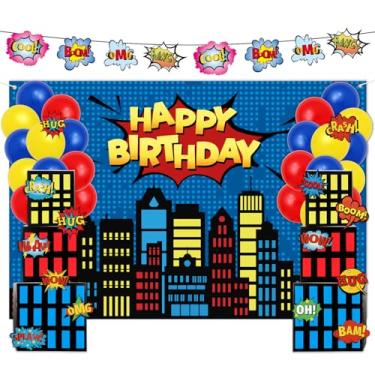 Imagem de FYSUIMU 88 peças de super-tema tema festa fotografia pano de fundo arranha-céus caixas de pano de fundo grande para pendurar banner balões coloridos para decoração de fotos de aniversário