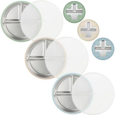 Imagem de PandaEar Pacote com 3 pratos de sucção para bebês de aço inoxidável com tampa, prato de comida infantil antiderrapante com manga de silicone para crianças pequenas, inquebráveis e sem bagunça (azul