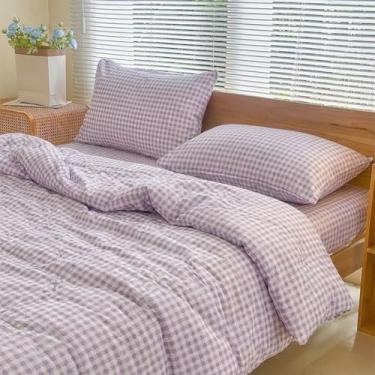 Imagem de NSNLGSGC Conjunto de edredom solteiro, xadrez roxo, 2 peças (1 edredom, 1 fronha)