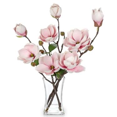 Imagem de Briful Arranjo de flores de magnólia rosa artificial com vaso de vidro para decoração de mesa de sala de escritório em casa