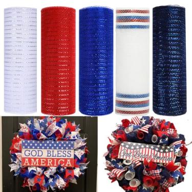 Imagem de JStnana 5 rolos de fita de malha patriótica para grinalda, 25,4 cm x 7,6 m por rolo, rolos de malha decorativa de folha metálica decorativa, vermelho, branco, azul marinho, para decoração de festa do