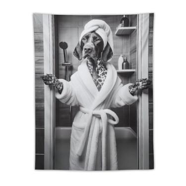 Imagem de Tapeçaria de chuveiro de cachorro em roupão preto branco cena de banheiro arte engraçada para animais de estimação decoração de casa alegre decoração de casa para banheiro, quarto, vibração alegre