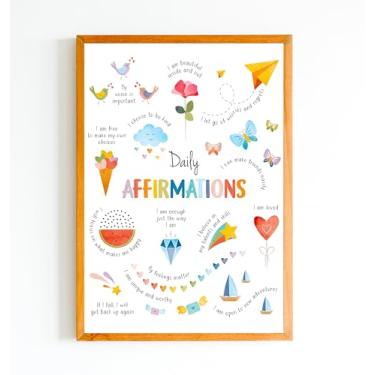 Imagem de TINAZG QWIE Arte de parede Daily Affirmations, impressão em aquarela inspiradora 20 x 25 com pássaros e borboletas, citações positivas para decoração de quarto infantil, pôster motivacional de atenção