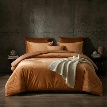 Imagem de Merryword Conjunto de edredom queen de veludo marrom laranja e caramelo, macio, felpudo, quente, flanela, cobertor, para mulheres e meninas