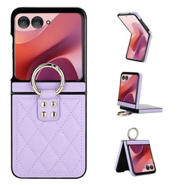Imagem de Capa para Motorola Razr 50, capa traseira ultrafina e leve com anel de metal, capa de couro fina à prova de choque, design elegante de ponto de diamante (roxo)