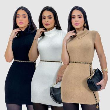 Imagem de Kit 3 Blusa Feminina Tricot Sem Manga Gola Longa Outono - SWISS BOUTIQ