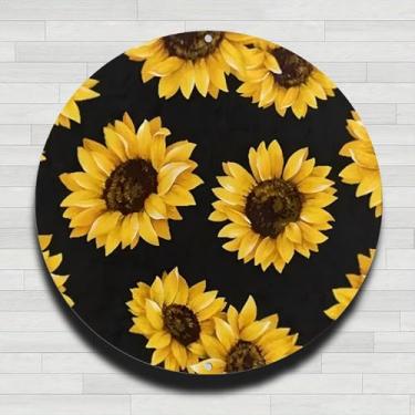 Imagem de Padrão de girassol em fundo preto vintage placa de parede redonda de alumínio rústico, 20 cm, presentes internos e externos e decoração para casa, escritório, café e fazenda