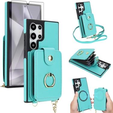 Imagem de Capa de telefone para Samsung Galaxy S24 Ultra 5G capa carteira magnética destacável protetor de tela anel suporte transversal alça de cordão compatível com MagSafe bloqueio RFID S24Ultra para