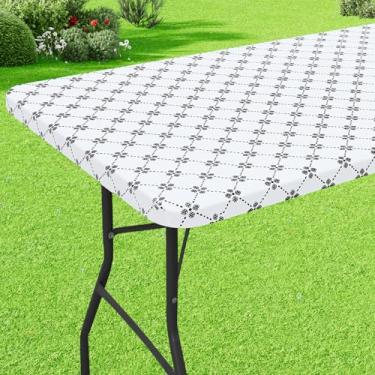 Imagem de misaya Toalha de mesa retangular de vinil, toalha de mesa elástica com forro de flanela, capa de mesa de plástico à prova d'água, serve para mesas dobráveis de 10 metros para acampamento, ambientes