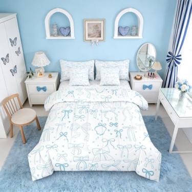 Imagem de Erosebridal Jogo de cama casal com laço de fita azul, fofo, estilo princesa, 7 peças, desenho à mão, amor, estrela, laço, moderno, simples, branco e azul com lençol de cima