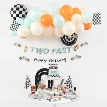 Imagem de Kit de duas decorações rápidas de aniversário – Artigos de festa de carro de corrida com guirlanda de balão, bandeiras xadrez, balões de pneu e faixa para meninos de 2º aniversário