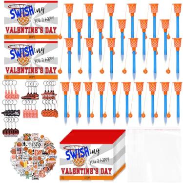 Imagem de Gosodeny 30 Set Valentine's Day Gifts Bulk Basketball Party Favors Basketball Hoop Pens Set Keychains Stickers Card Sports Fans Party Prize Classroom Exchange Gifts