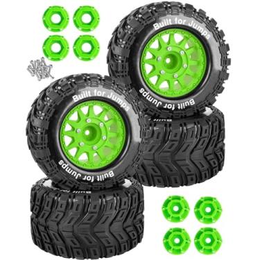 Imagem de RCarmubWow 1/10 Scale RC Wheels and Tires for Granite Big Rock Vorteks 3S/Rustler Stampede Hoss 2wd 4x4,Axia1 L0S1 Red cat Rc 4wd,1/10 Truck Tires w/12/14/17MM Hex,Rubber Tyres w/Foam Insert,Green