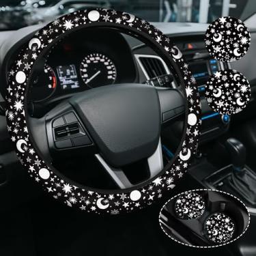 Imagem de Capa de volante Moon and Star, capa de volante de neoprene antiderrapante, acessórios de carro fofos para mulheres e meninas, ajuste universal de 38 cm para automóvel, SUVS, inclui 2 porta-copos de