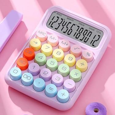 Imagem de Calculadora de Mesa 12 Dígitos com Teclas Coloridas Estilo Máquina de Escrever, Design Retrô com Botões Redondos, Visor Grande Inclinado, Rosa e Multicolorido