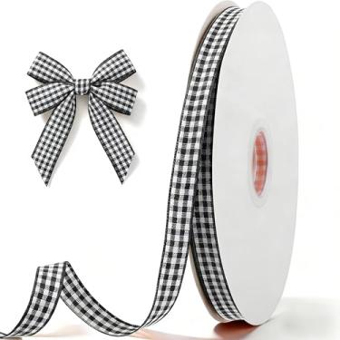 Imagem de Fita xadrez preta e branca de 0,9 cm x 55 m, fita guingão, fitas xadrez de búfalo preto para embrulho de presente, laços de cabelo, piquenique, artesanato, acessórios DIY