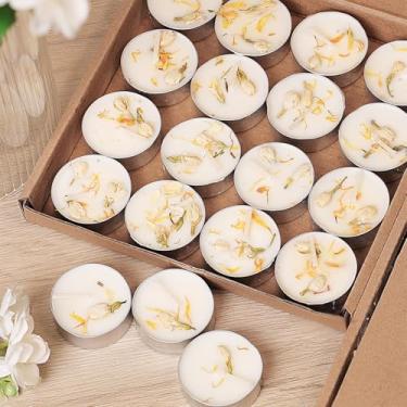 Imagem de Velas perfumadas de jasmim – Pacote com 64 – Luzes de chá brancas de cera de palma de 4 horas, velas de chá perfumadas de flores secas (sem parafina), vela votiva para casa/ioga/banho/meditação