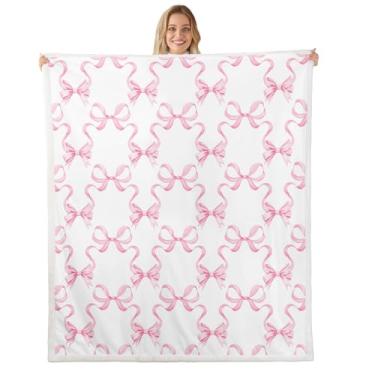 Imagem de Cobertor de lã com laço rosa, estilo princesa, aquarela, gravata borboleta, cobertor para sofá, adultos, laço de conto de fadas, listras rosa e branco, cobertor macio para sofá, Queen (224 x 224 cm)