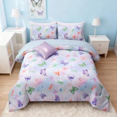 Imagem de A Nice Night Jogo de cama de 6 peças, borboleta e laços, tie dye, conjunto de lençol combinando, estilo princesa chique, roxo claro, decoração de quarto para meninas, casal