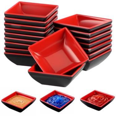 Imagem de Tideme Conjunto de 30 tigelas de plástico quadrado preto e vermelho, pratos empilháveis de molho de soja de 7,4 cm com design quadrado para cozinha e restaurante, fácil de limpar e uso a longo prazo
