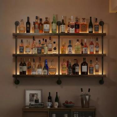 Imagem de Woskar Rack de vinho montado na parede de 3 níveis com LED, garrafas de licor, prateleiras flutuantes, organizador de armazenamento para casa, bar, sala de jantar, cozinha (119,4 cm L x 119,9 cm A x