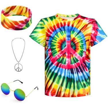 Imagem de XonyiCos Fantasia hippie para meninos anos 60 anos 70 camiseta colorida tie dye conjunto de acessórios para crianças festa de Halloween cosplay, Azul, vermelho, M