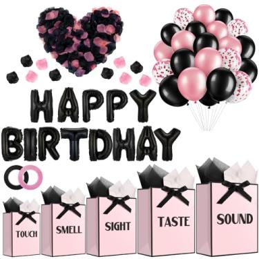 Imagem de Ctosree 5 Senses Gift Bag Five Senses Birthday Decoration for Him or Her, Happy Birthday Balloon Banner Tissue Paper Ribbon and Petal for Wedding Anniversary Valentine's Day Party Favor(Black Pink)