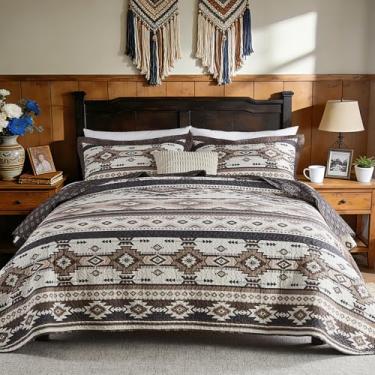 Imagem de FineStichery Conjunto de colcha King 100% algodão, colcha acolchoada do sudoeste, edredom fino leve e macio, conjunto de cama reversível com padrão asteca, 3 peças, mocha/marfim/carvão