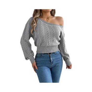 Imagem de Suéter De Tricô Feminino De Manga Longa Com Ombros À Mostra, Casual E 