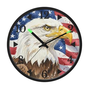 Imagem de STAYTOP Relógio de parede LED com bandeira americana e águia para quarto com brilho noturno, relógios de parede silenciosos de 30 cm para decoração de sala de estar, controle de som, relógio de parede