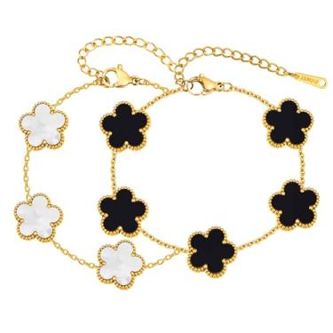 Imagem de Eclatienne Pulseira feminina de trevo de quatro folhas, joia ajustável banhada a ouro 18K com charme delicado e estilo elegante, pulseira de elos de ouro de 4 folhas da sorte para mulheres (preto +