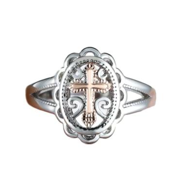 Imagem de KIOYDISE Anel de cruz estilo vintage flor banhada a prata antiga design oco feito à mão feminino punk gótico anéis de dedo (tamanho 6-10), 6, Latão