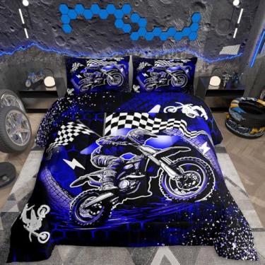 Imagem de Feelyou Conjunto de edredom para crianças, meninos e meninas, tamanho Queen, conjunto de cama de motocross, edredom de esportes radicais, edredom moderno para motocicleta, decoração de quarto com tema