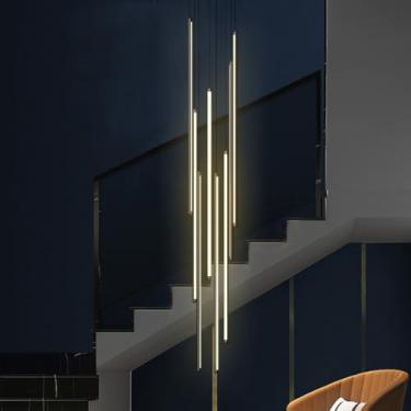 Imagem de Luminária pendente LED moderna para escada, lustre longo giratório com 12 lâmpadas, dimerizável, em alumínio, ajustável, para teto oco de villa, ideal para sala de estar, hotel e corredor (l
